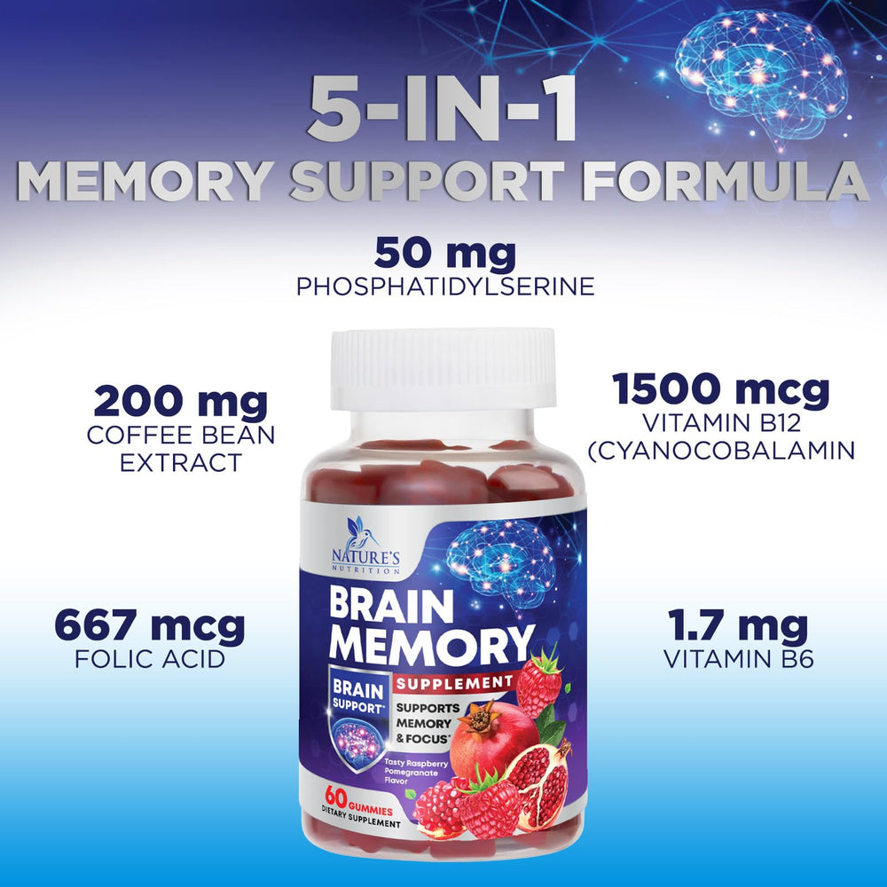 Nature's Nutrition Memory and Focus gummies closeup suggests clarity and concentration.