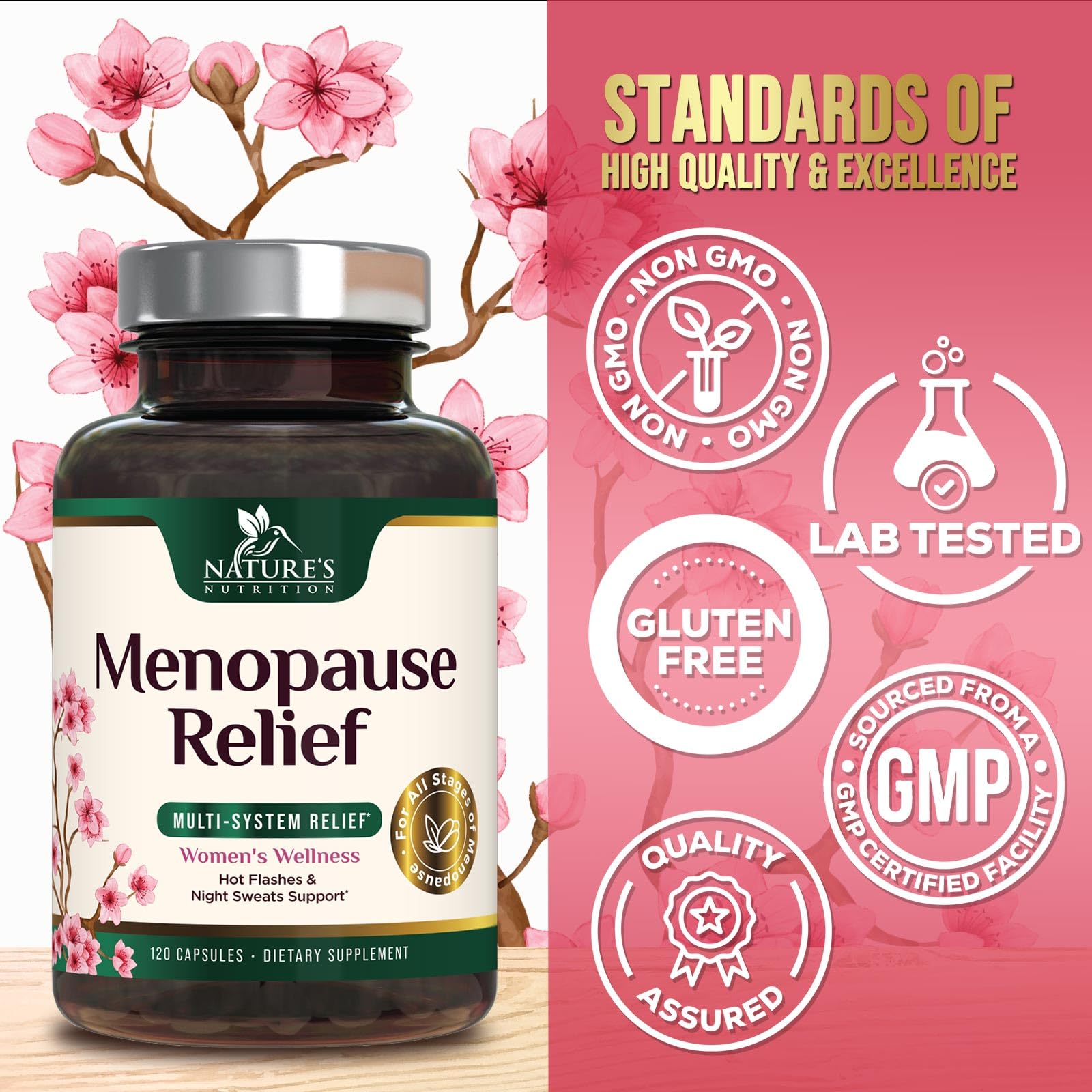 Nature's Nutrition menopause bottle cap view emphasizes secure seal and portability.