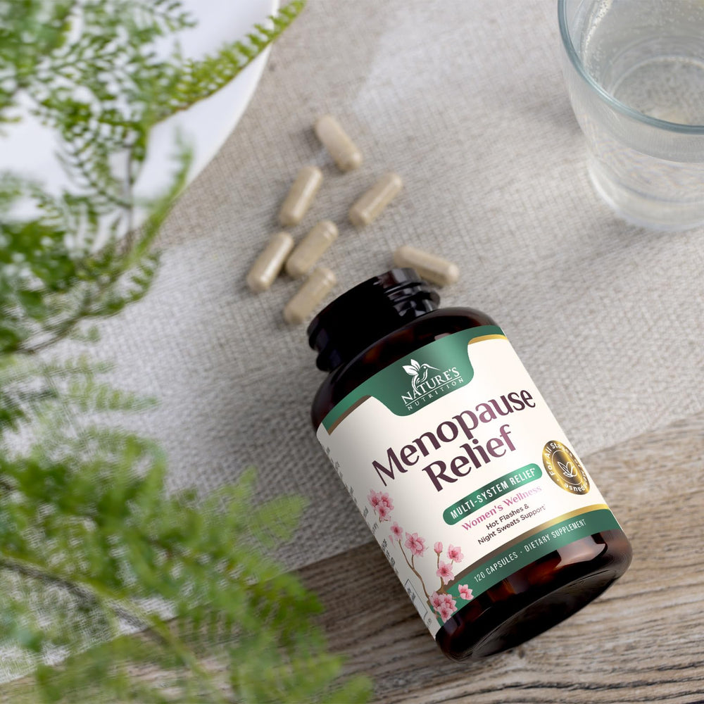 Nature's Nutrition menopause bottle top view emphasizes compact bottle design.