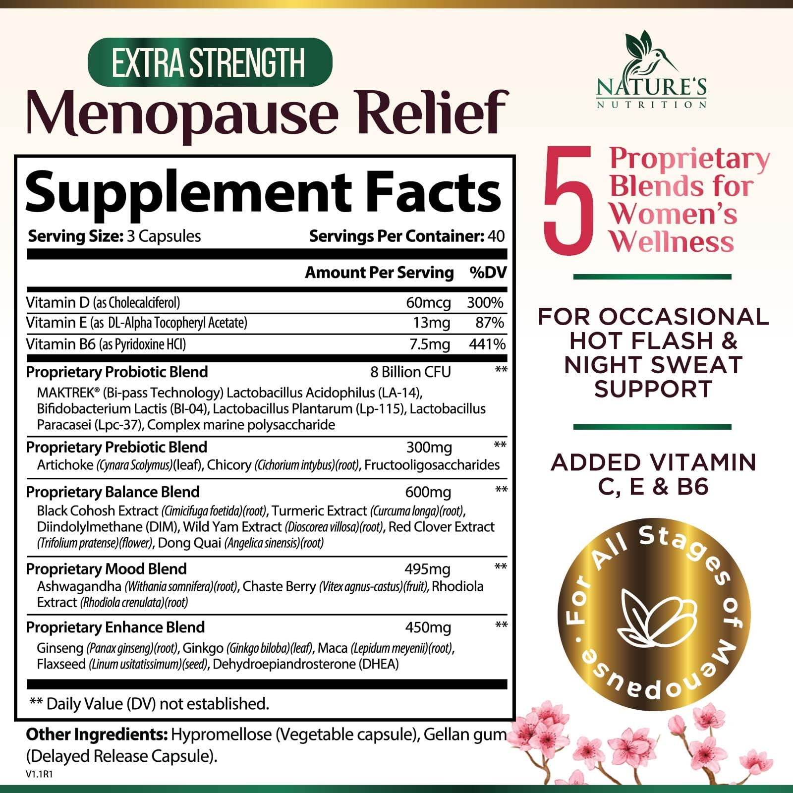 Nature's Nutrition menopause capsules closeup highlighting high potency ingredients for comfort.