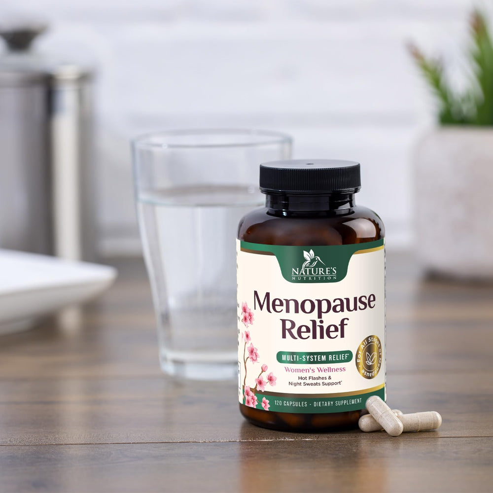 Nature's Nutrition menopause dong quai illustration signals traditional herbal root.