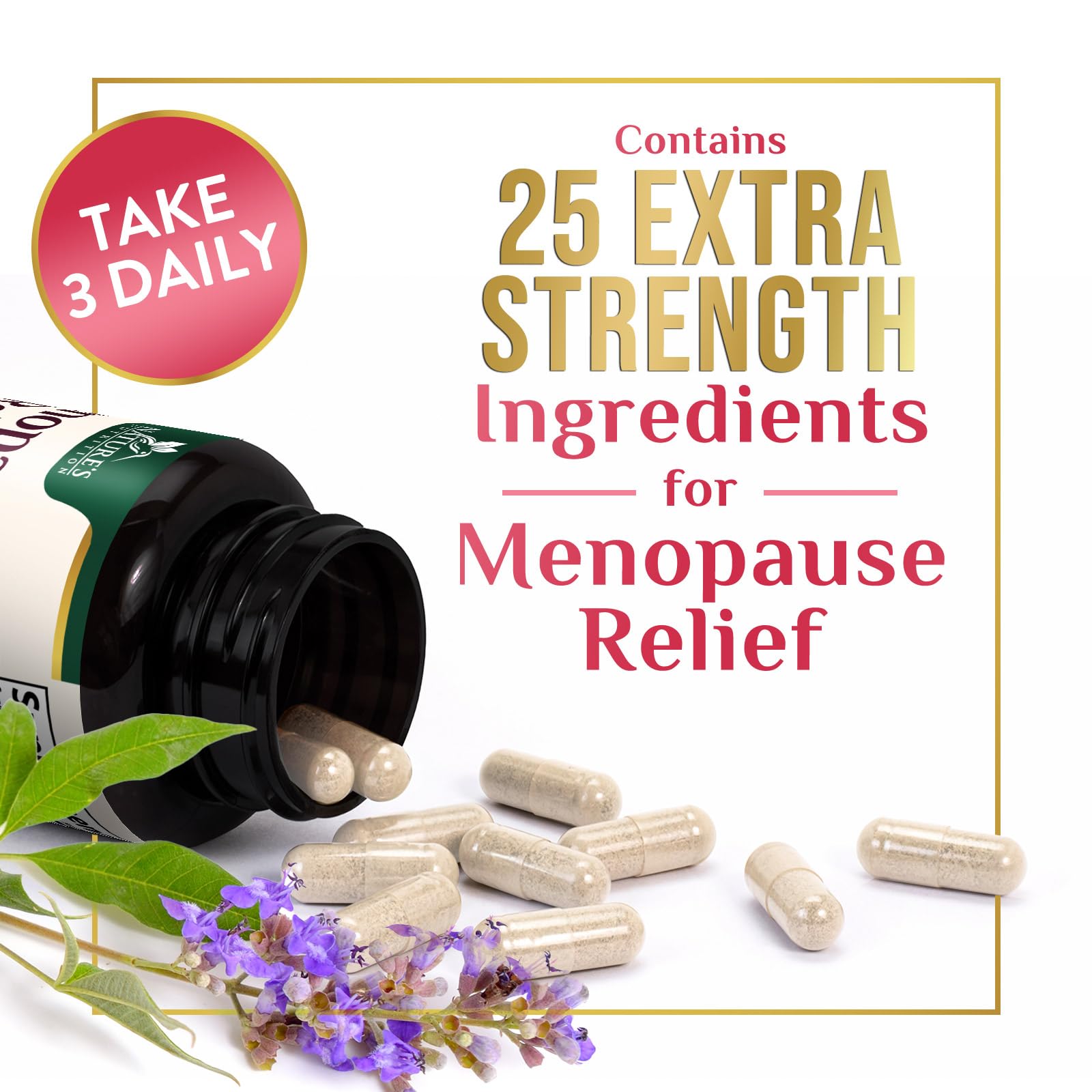 Nature's Nutrition menopause probiotics visual highlights gut-friendly support.