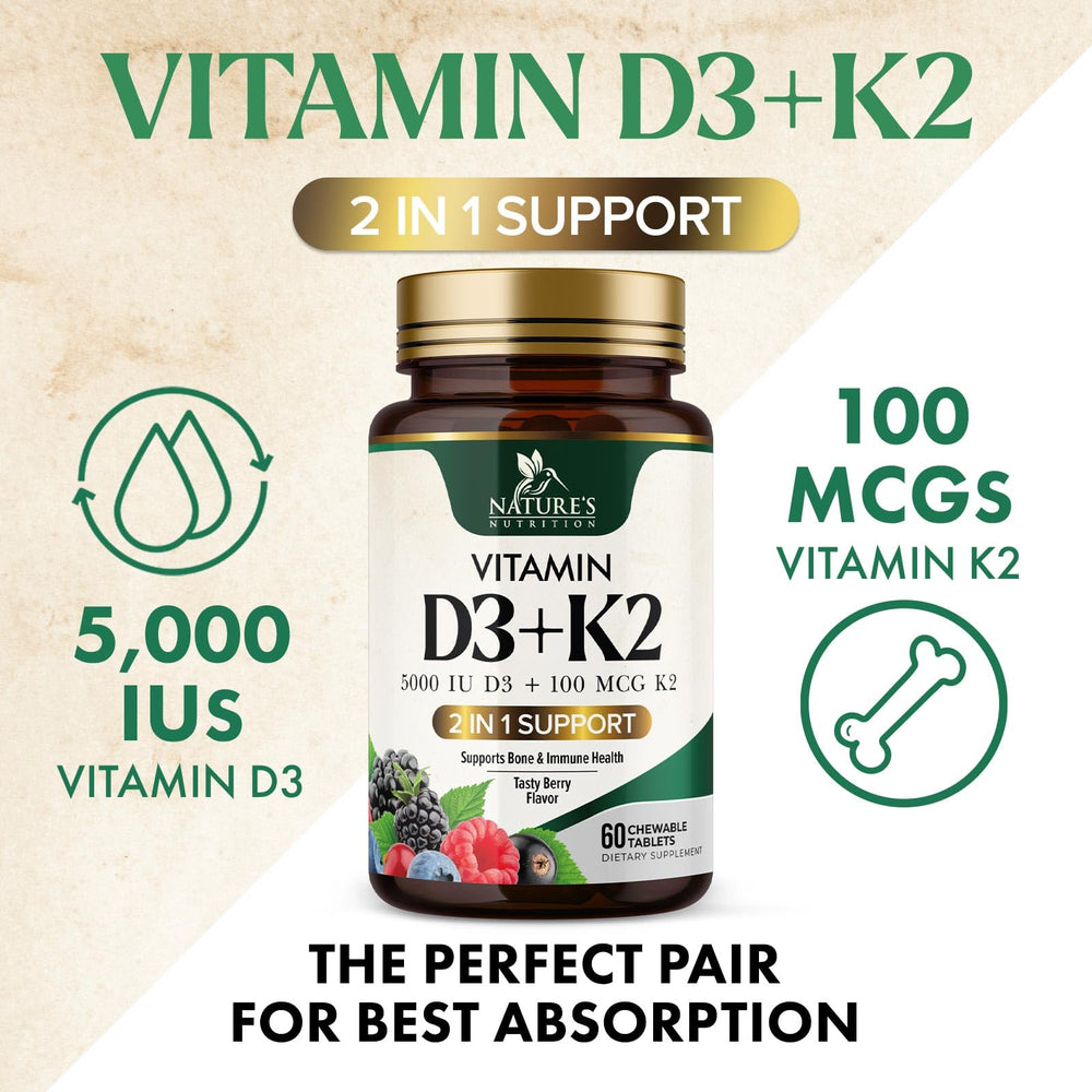 Nature's Nutrition MK-7 K2 with D3 5000 IU aids calcium delivery to bones