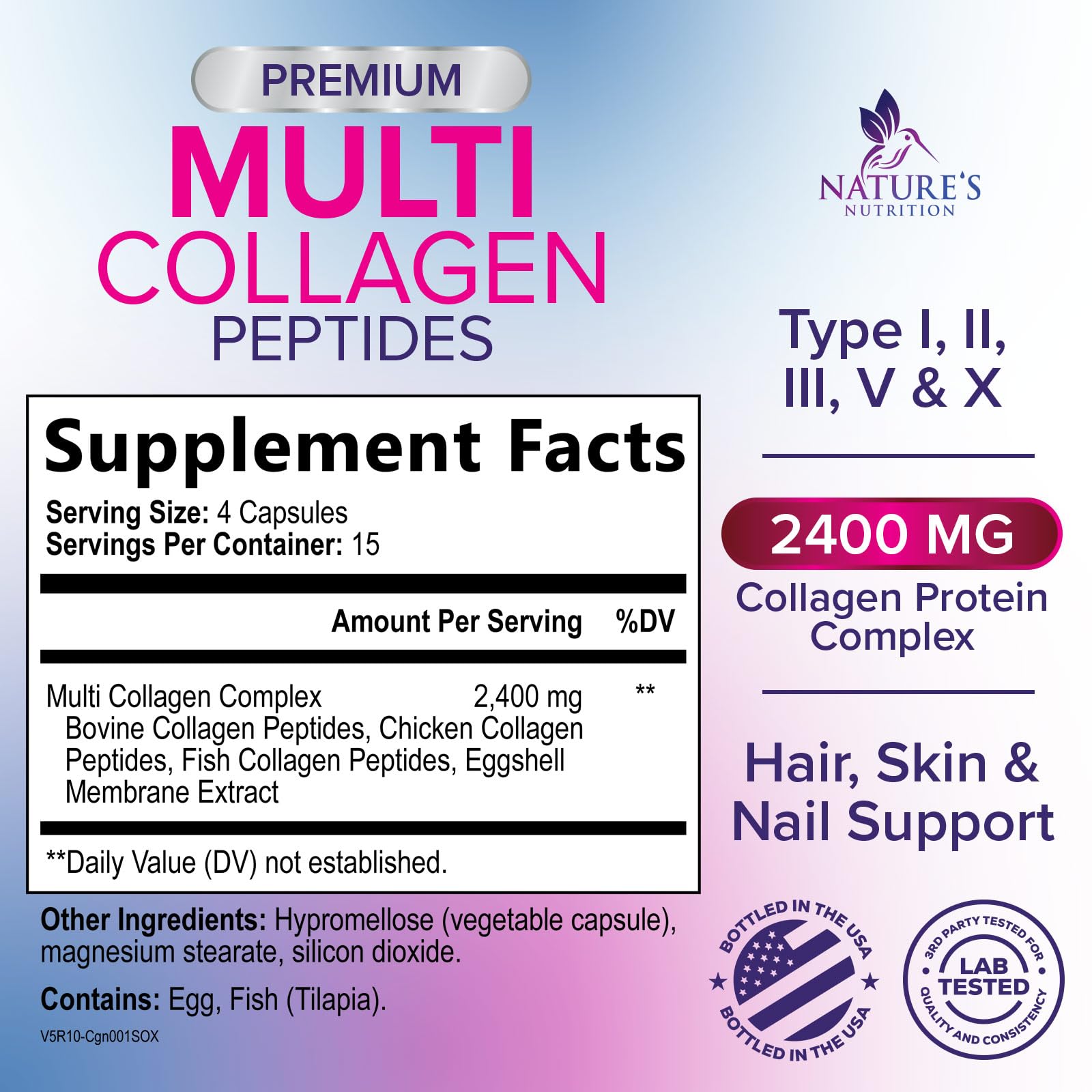 Close-up of Nature's Nutrition Multi Collagen Pills capsules for easy daily dosing