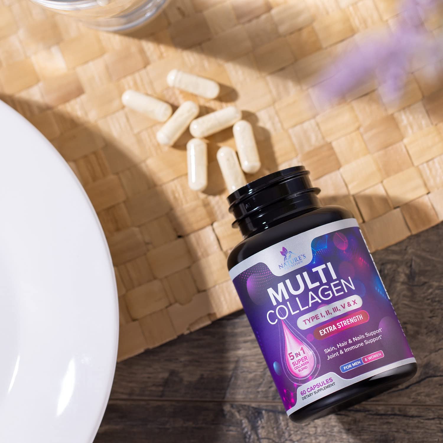 Nature's Nutrition Multi Collagen Pills on a clean desk for daily beauty and joint support