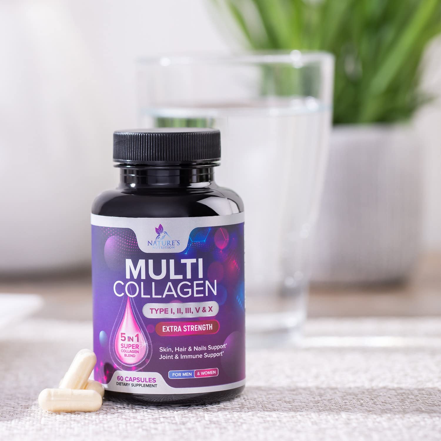 Label detail of Nature's Nutrition Multi Collagen Pills showing hydrolyzed peptide info