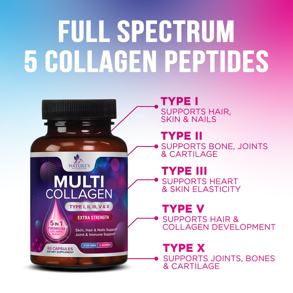 Nature's Nutrition Multi Collagen Pills packaging label highlights five-type blend
