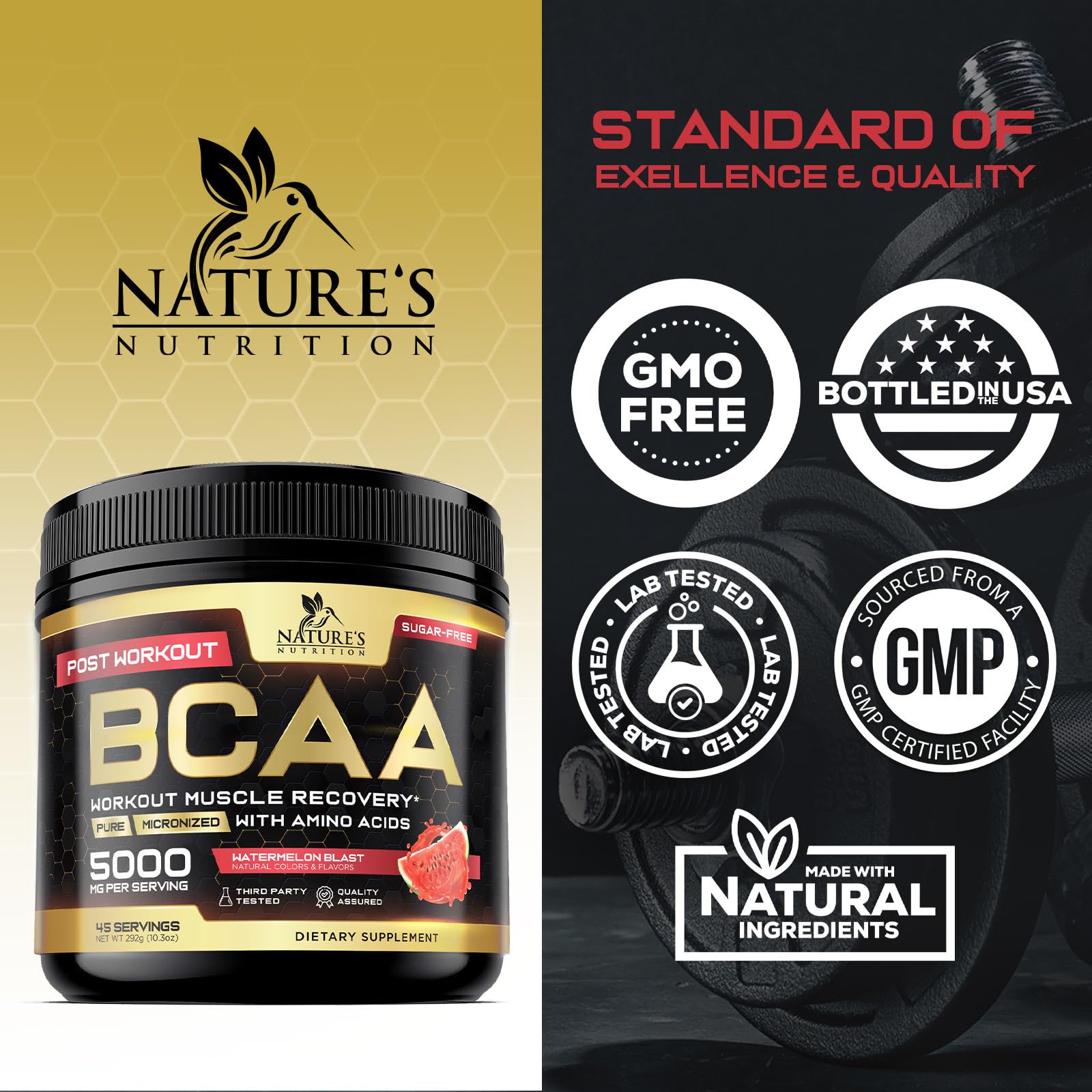 Nature's Nutrition Muscle Recovery bottle shows BCAA and L-glutamine for muscle support