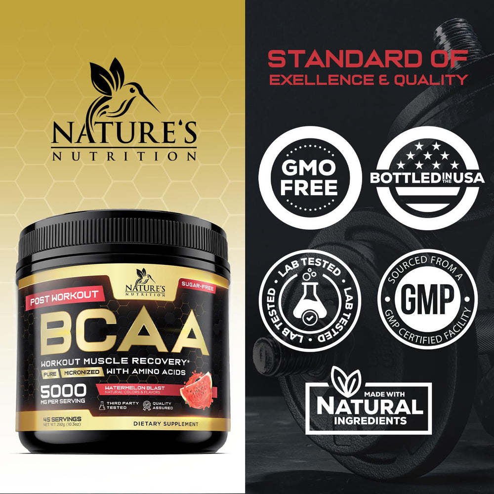 Nature's Nutrition Muscle Recovery bottle shows BCAA and L-glutamine for muscle support