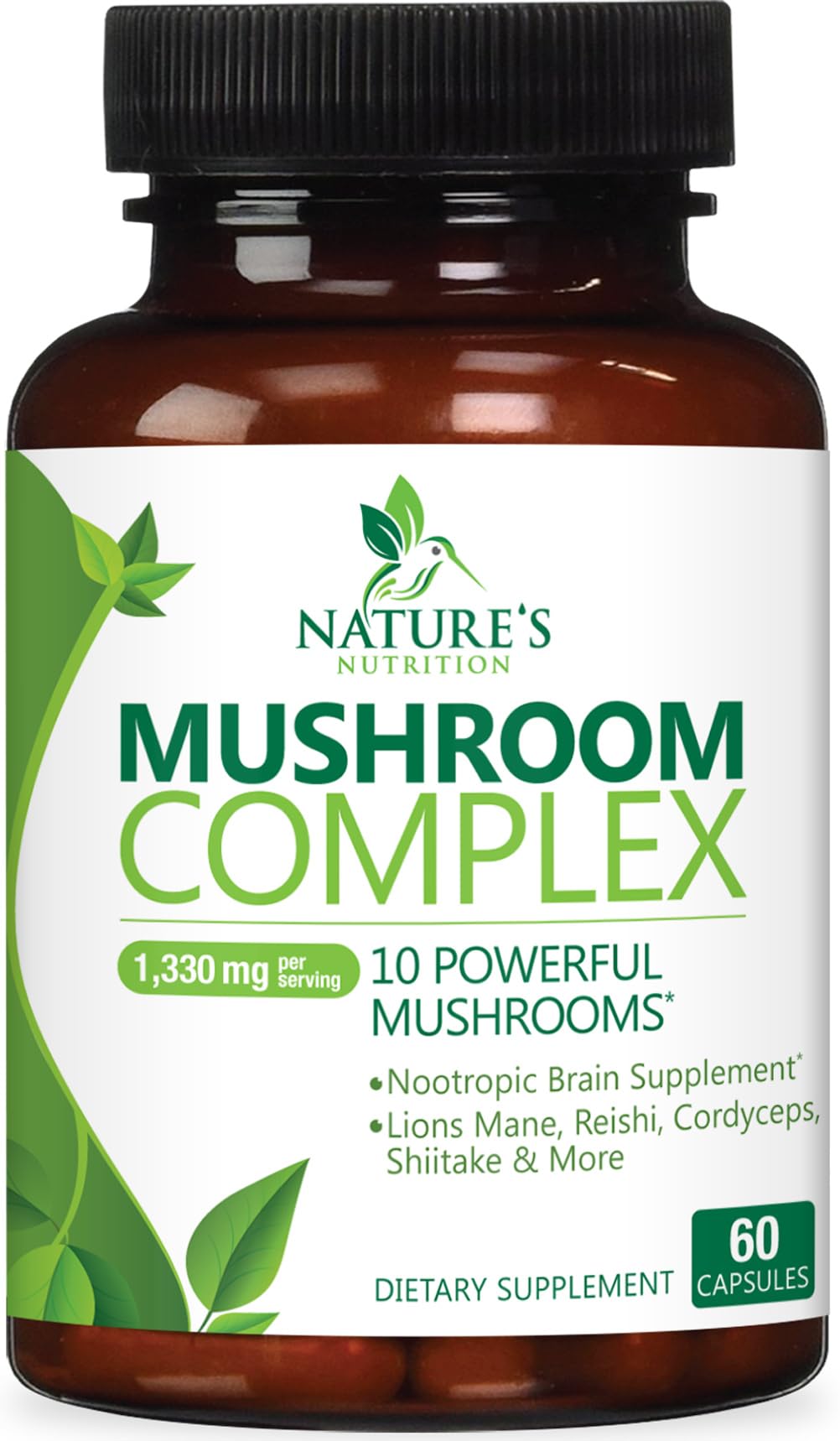 Nature's Nutrition Mushroom Brain Supplement bottle front highlights a high-strength 10-in-1 blend for focus.