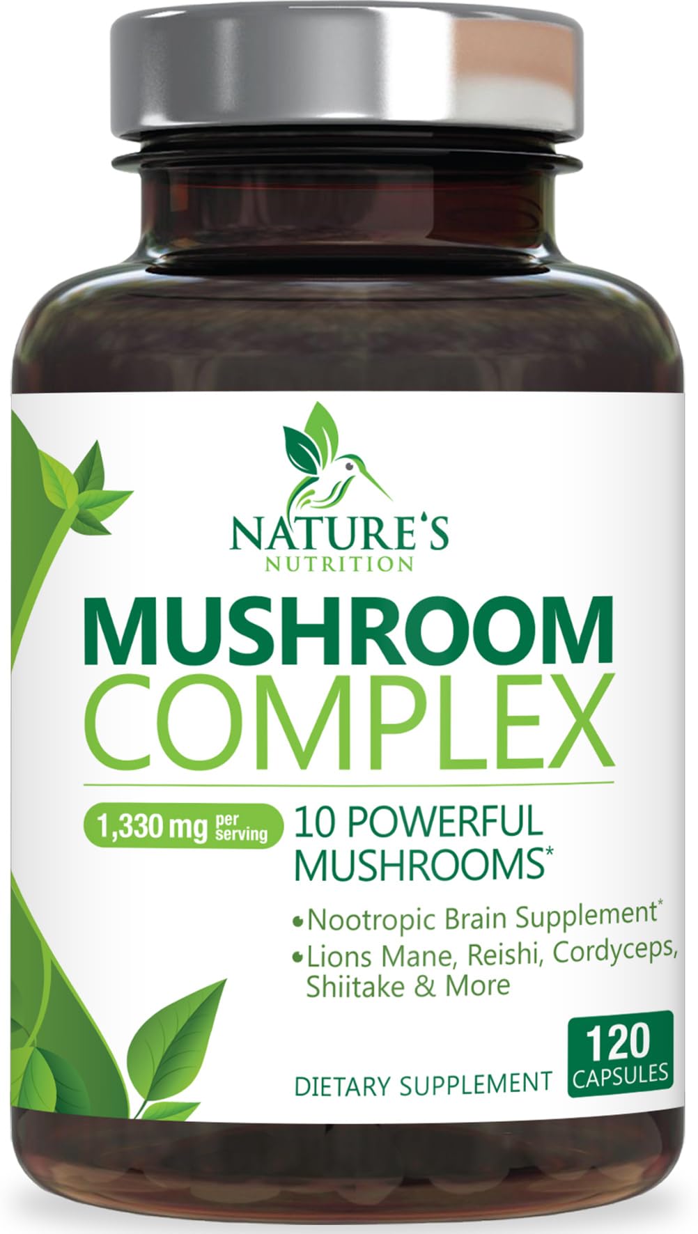 Nature's Nutrition Mushroom Brain Supplement bottle with capsules for focus support