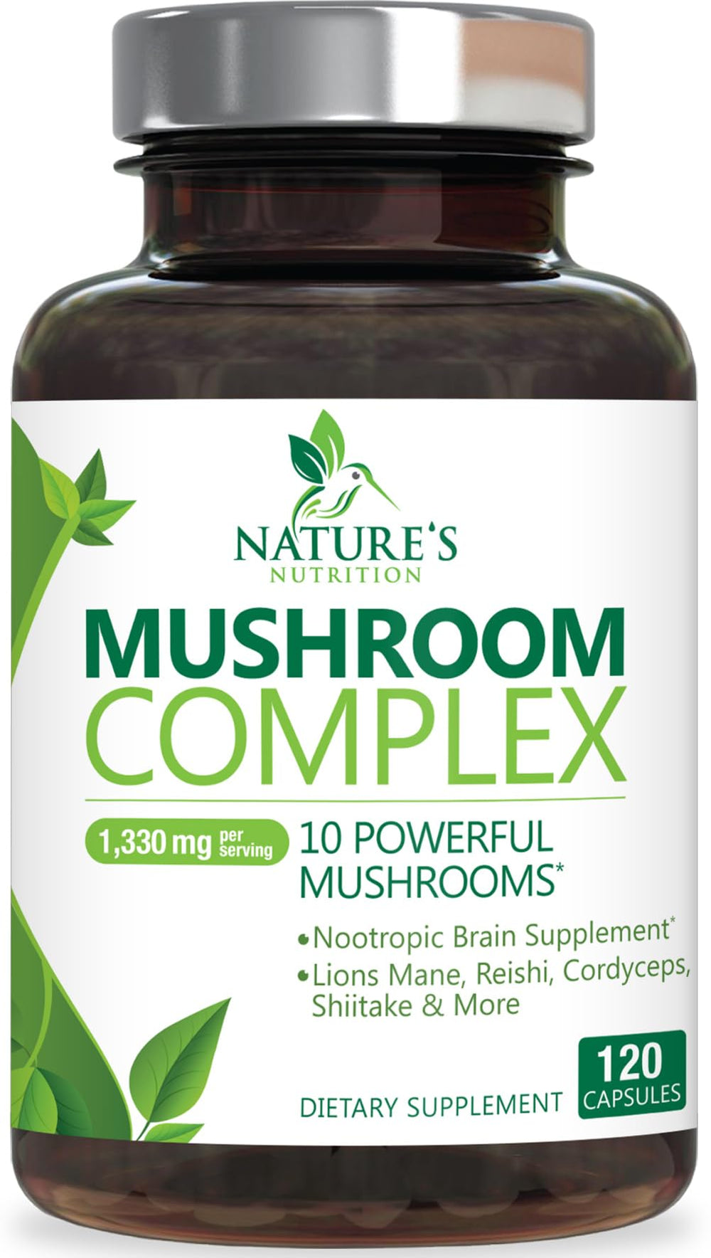 Nature's Nutrition Mushroom Brain Supplement bottle with capsules for focus support