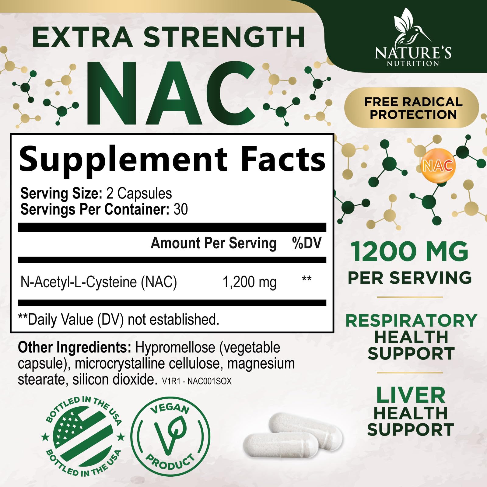 Close-up of NAC 1200 mg capsules highlighting veggie capsules.