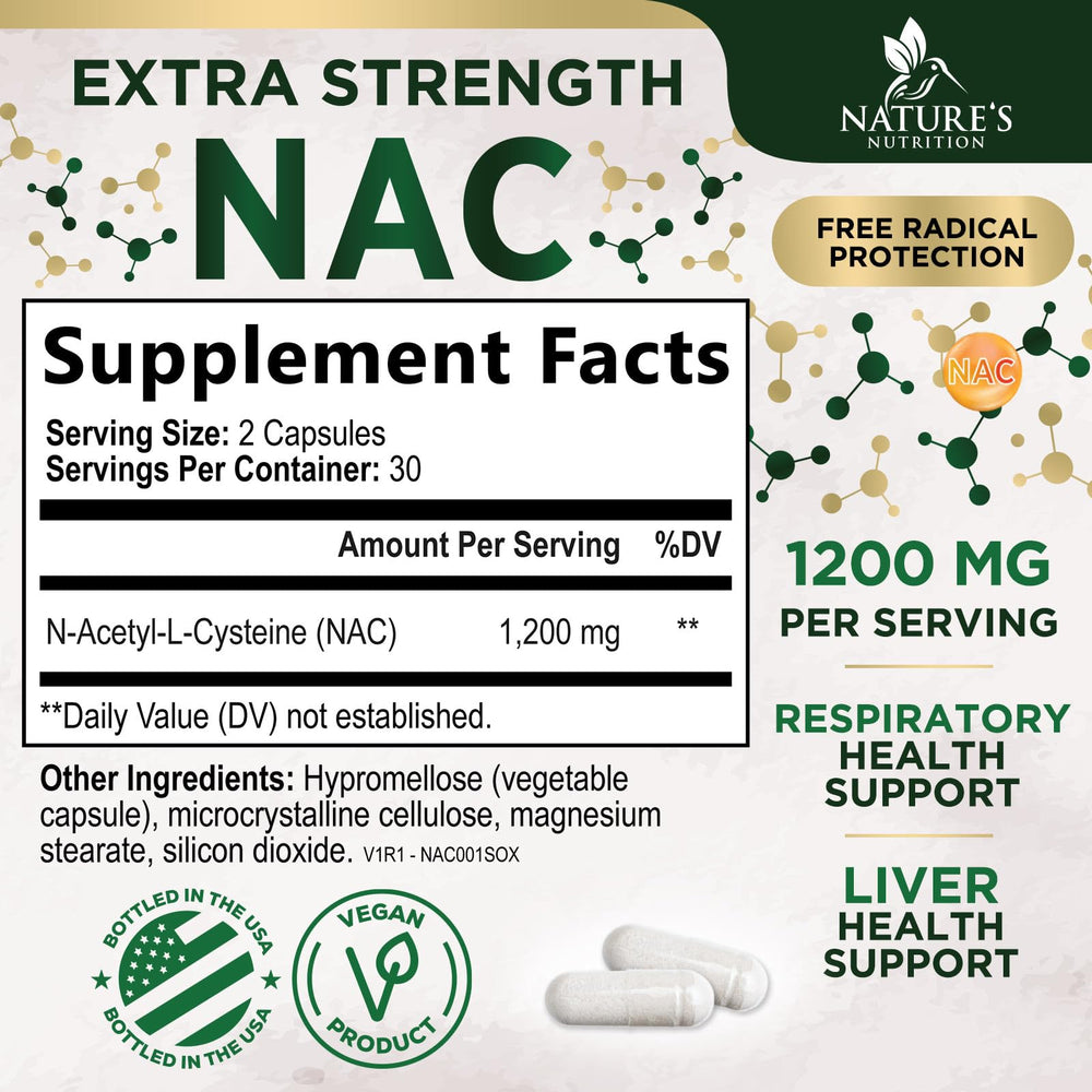Close-up of NAC 1200 mg capsules highlighting veggie capsules.