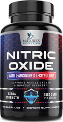Nature's Nutrition Nitric Oxide Booster 3000mg bottle with capsules for steady energy.