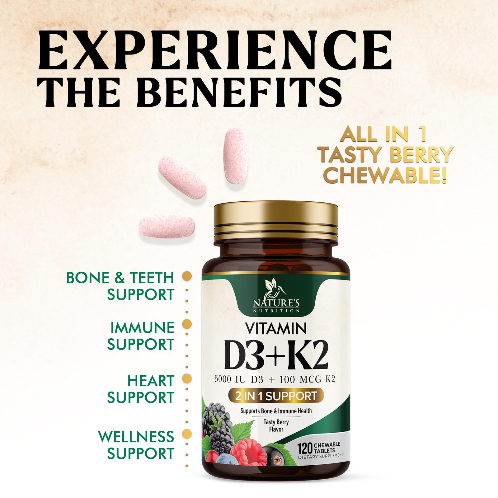 Nature's Nutrition non-GMO D3 K2 chewable tablets in berry taste.