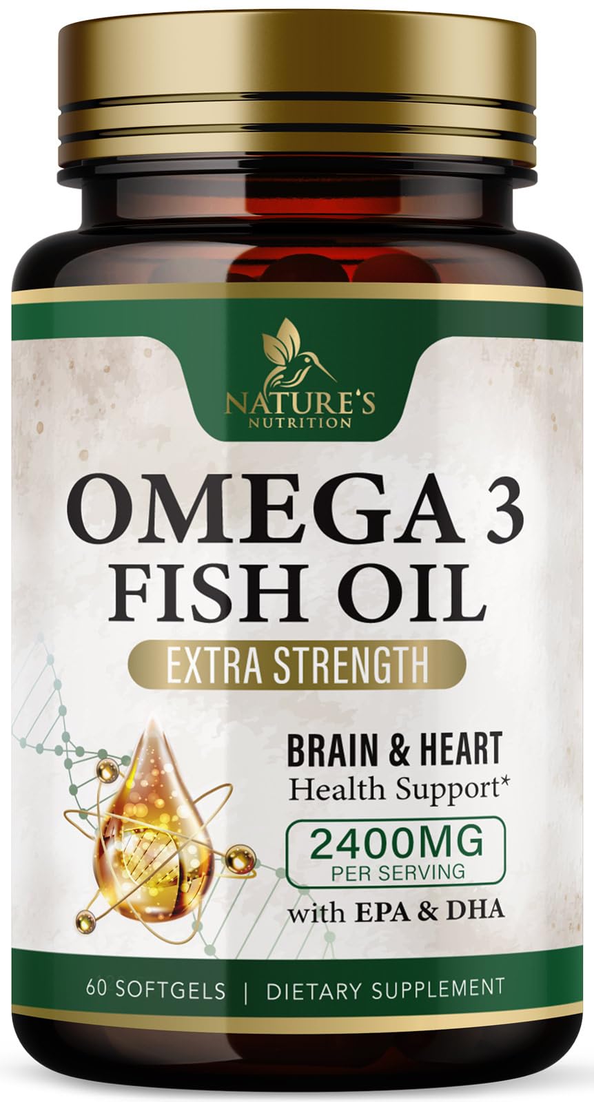 Nature's Nutrition Omega-3 bottle front view highlighting triple-strength heart and brain support.