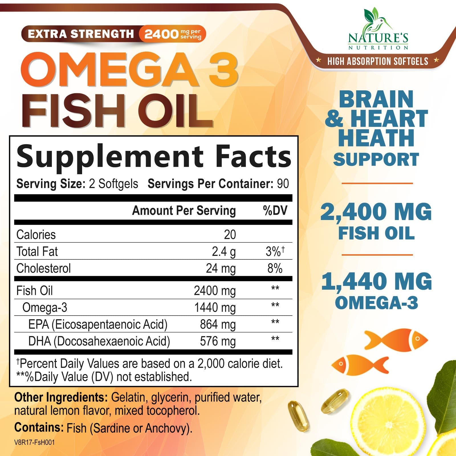Nature's Nutrition Omega-3 burpless softgels with lemon flavor for easy swallowing.