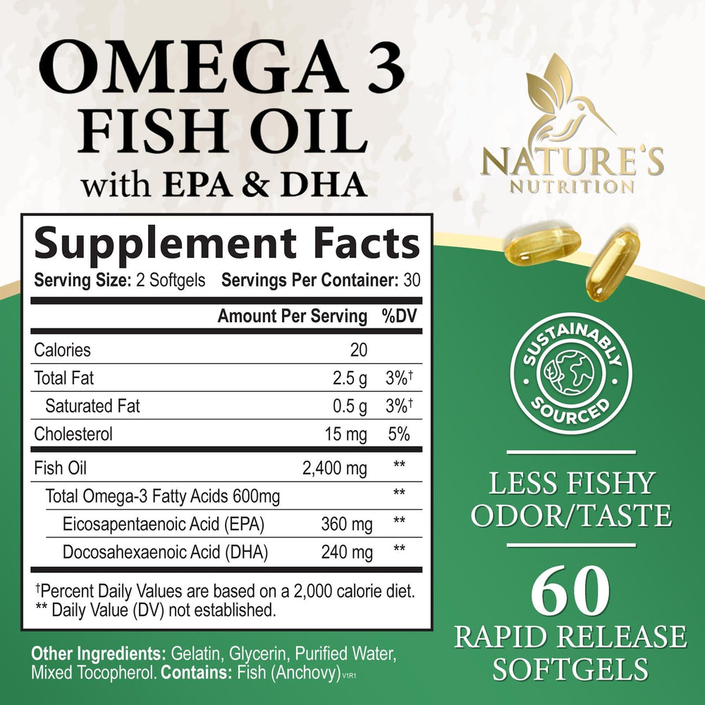 Nature's Nutrition softgels with lemon flavor, burpless for easy daily use.