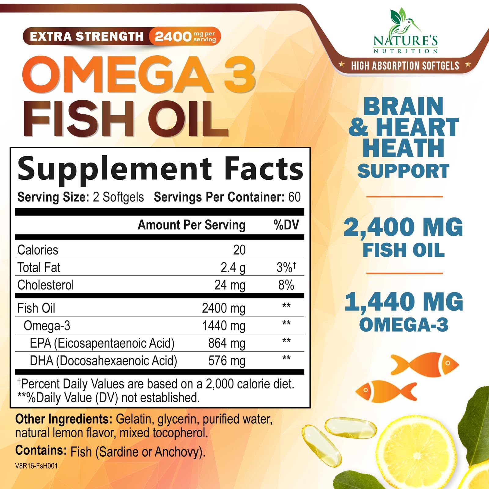 Nature's Nutrition Omega-3 2400 mg softgels with lemon flavor for burpless consumption