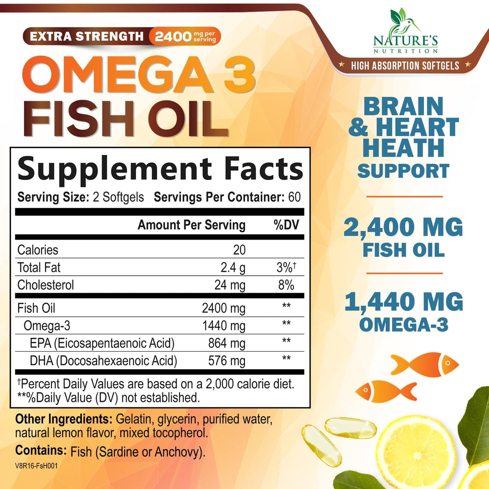 Nature's Nutrition Omega-3 2400 mg softgels with lemon flavor for burpless consumption