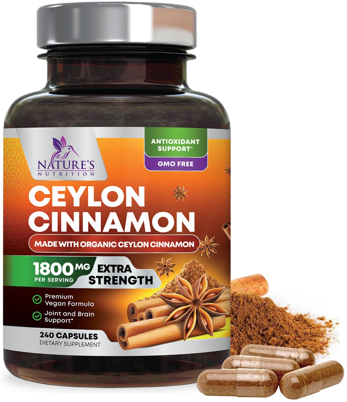 Nature's Nutrition Organic Ceylon Cinnamon bottle front showing 1800mg per serving for daily use