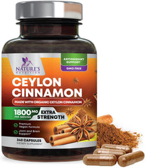 Nature's Nutrition Organic Ceylon Cinnamon bottle front showing 1800mg per serving for daily use