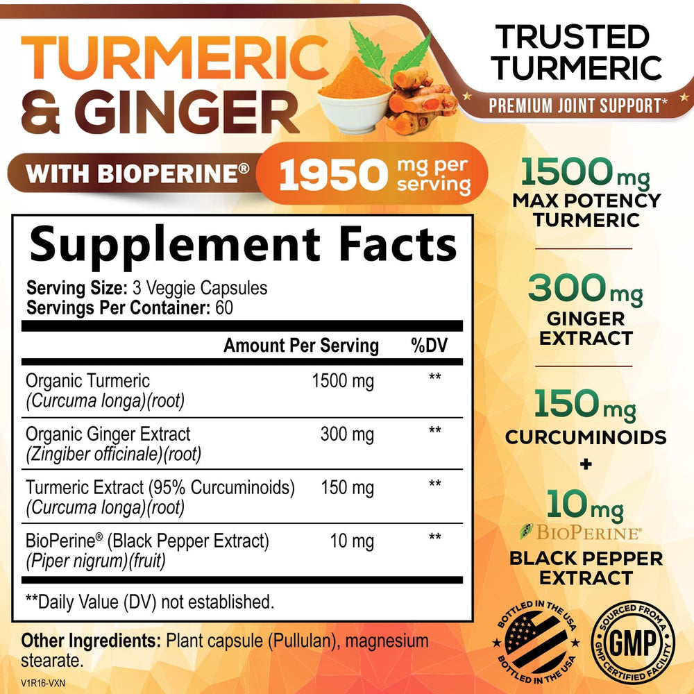 Nature's Nutrition organic turmeric ginger capsules bottle captures fresh roots and herbal blend