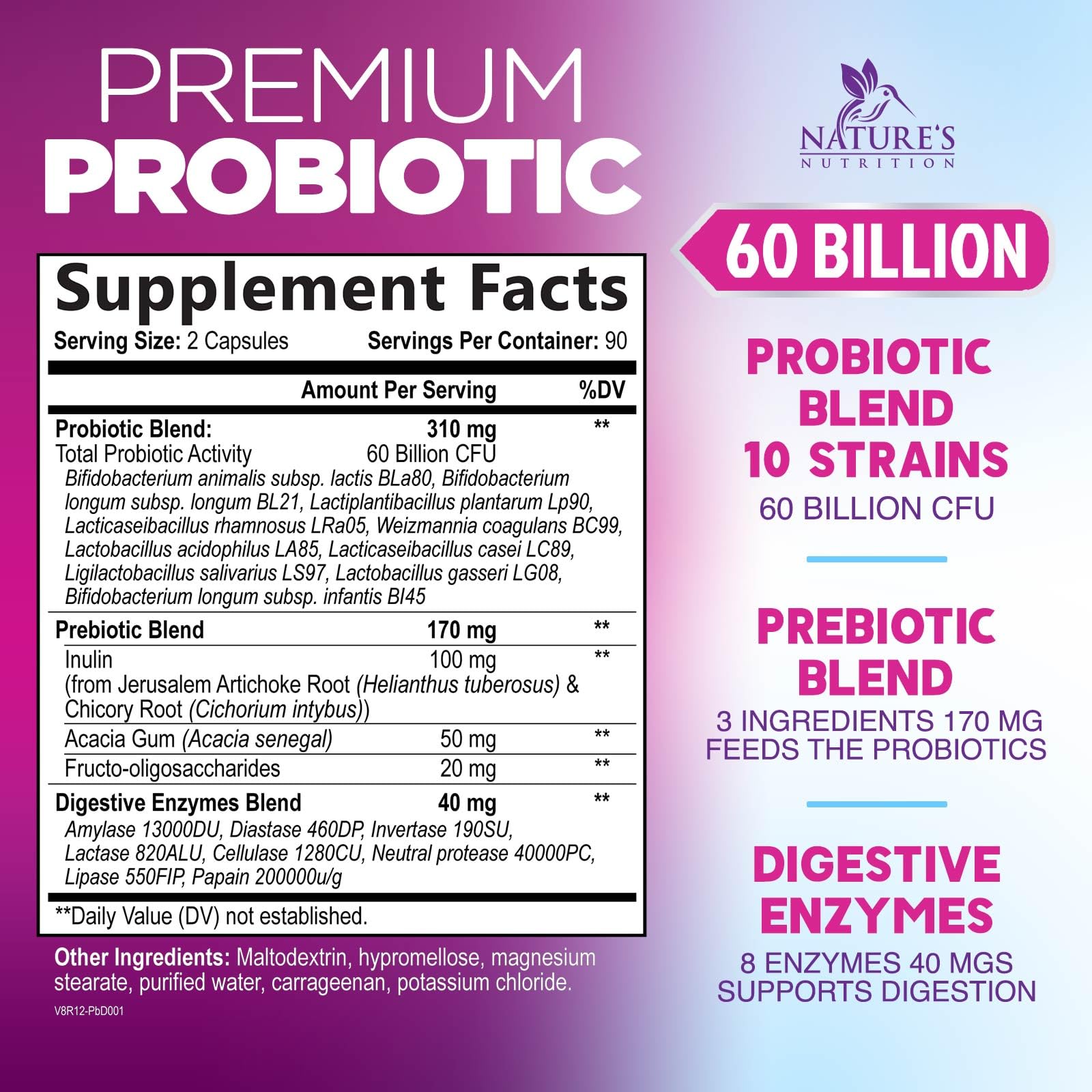 Nature's Nutrition Probiotics 60B capsules closeup on acid-resistant capsules