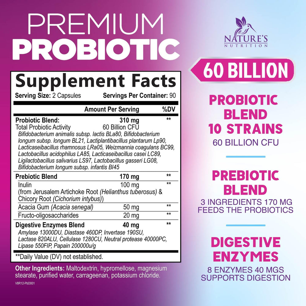 Nature's Nutrition Probiotics 60B capsules closeup on acid-resistant capsules