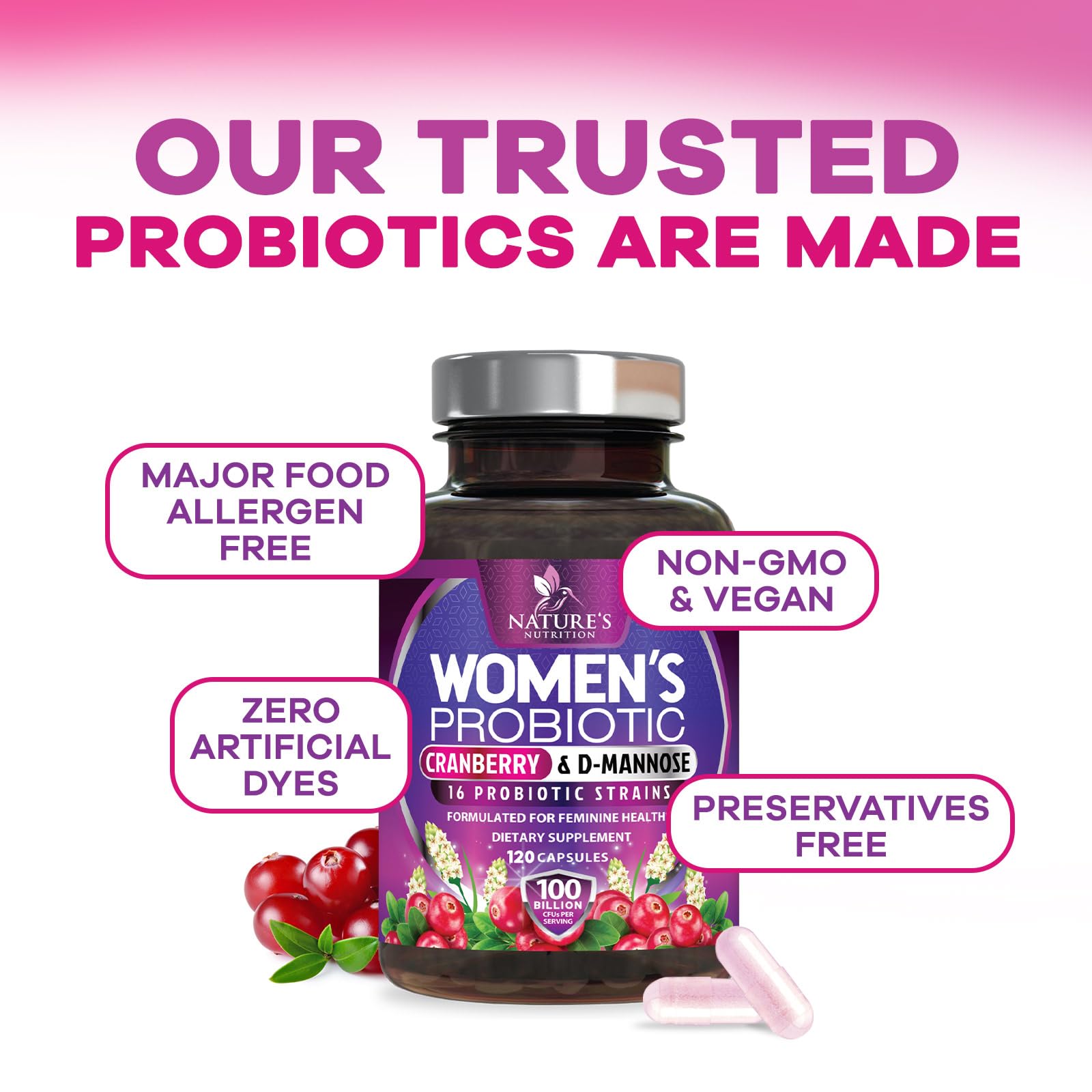 Cranberry fruit alongside Nature's Nutrition probiotics suggesting prebiotic support
