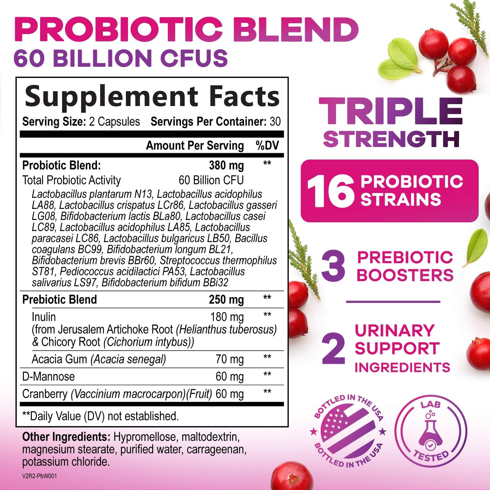 Label close-up showing 16 probiotic strains for women