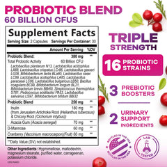 Label close-up showing 16 probiotic strains for women