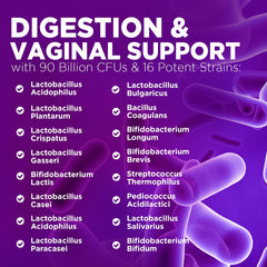Nature's Nutrition Probiotics for Women 16 strains graphic showing diverse gut bacteria