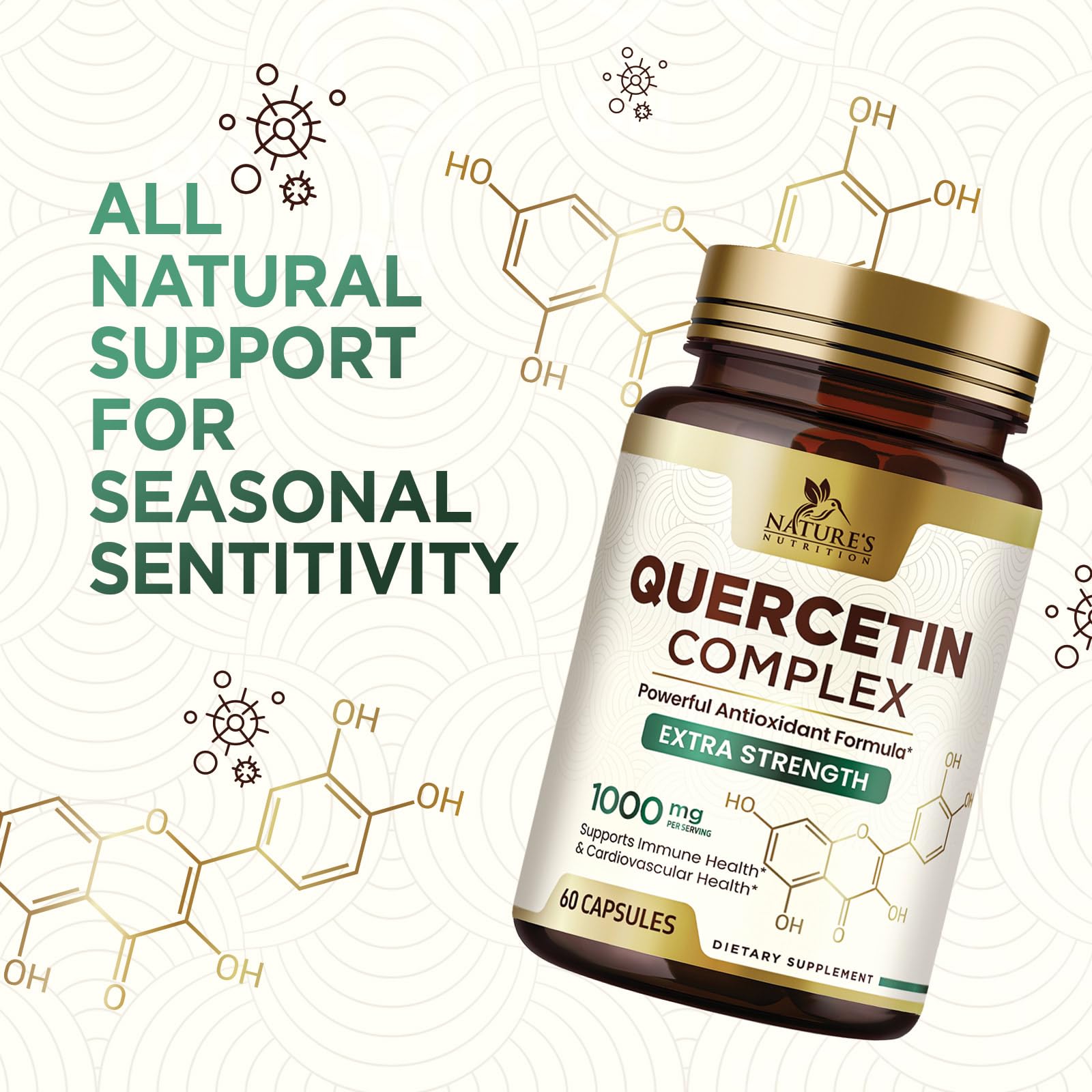 Nature's Nutrition Quercetin 1000mg packaging highlights vegan non GMO formula