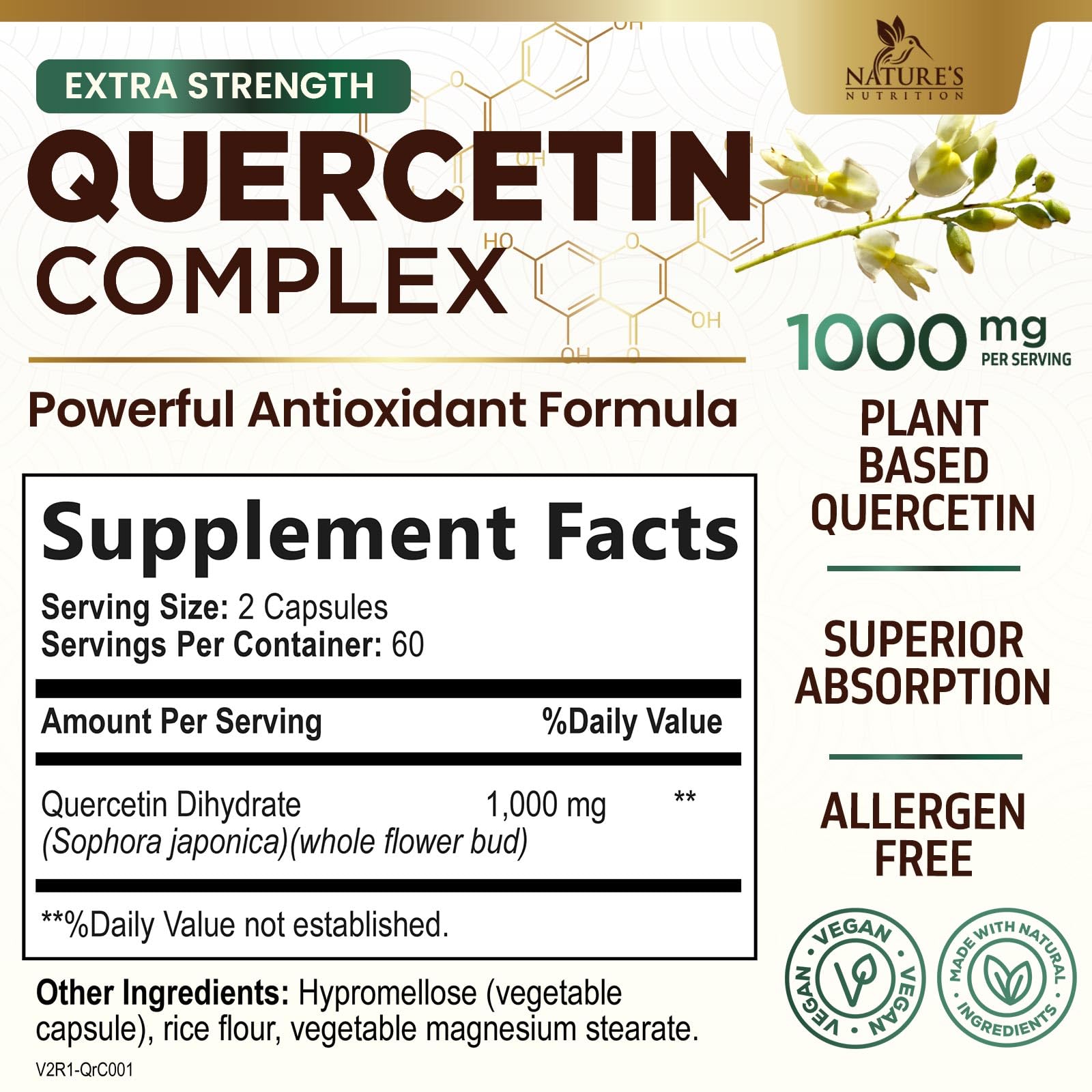 Nature's Nutrition Quercetin capsules lined up for convenient daily use