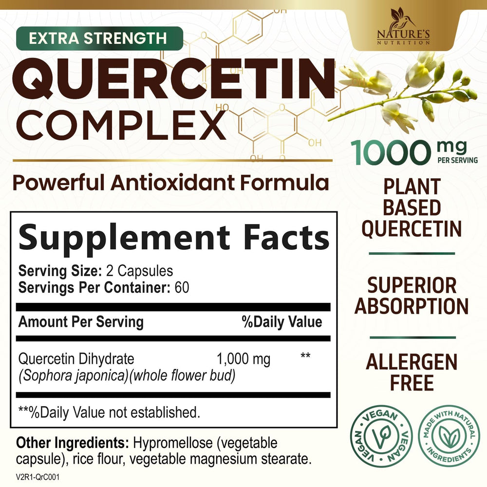 Nature's Nutrition Quercetin capsules lined up for convenient daily use