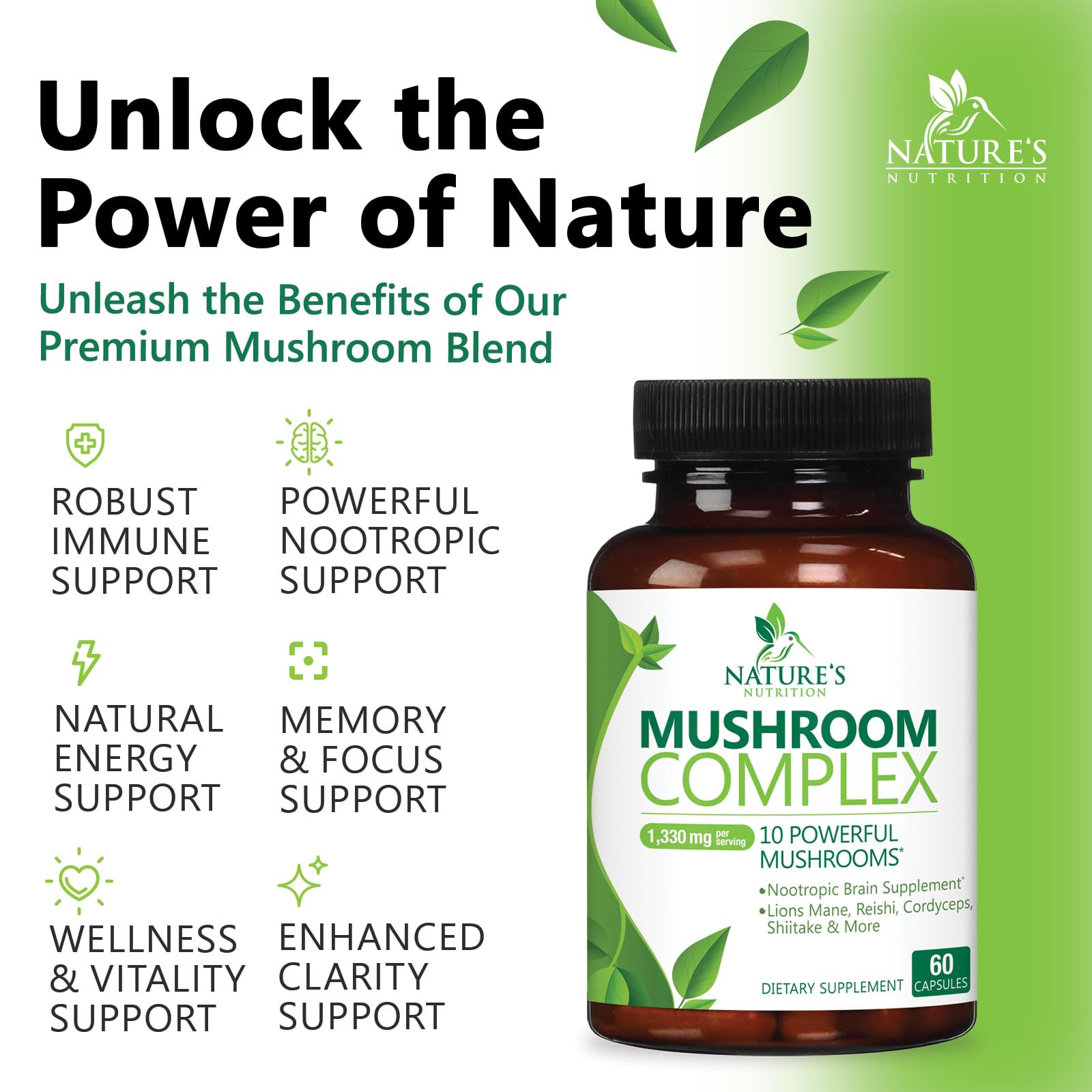 Nature's Nutrition Chaga and Reishi closeup conveys premium mushroom blend quality.