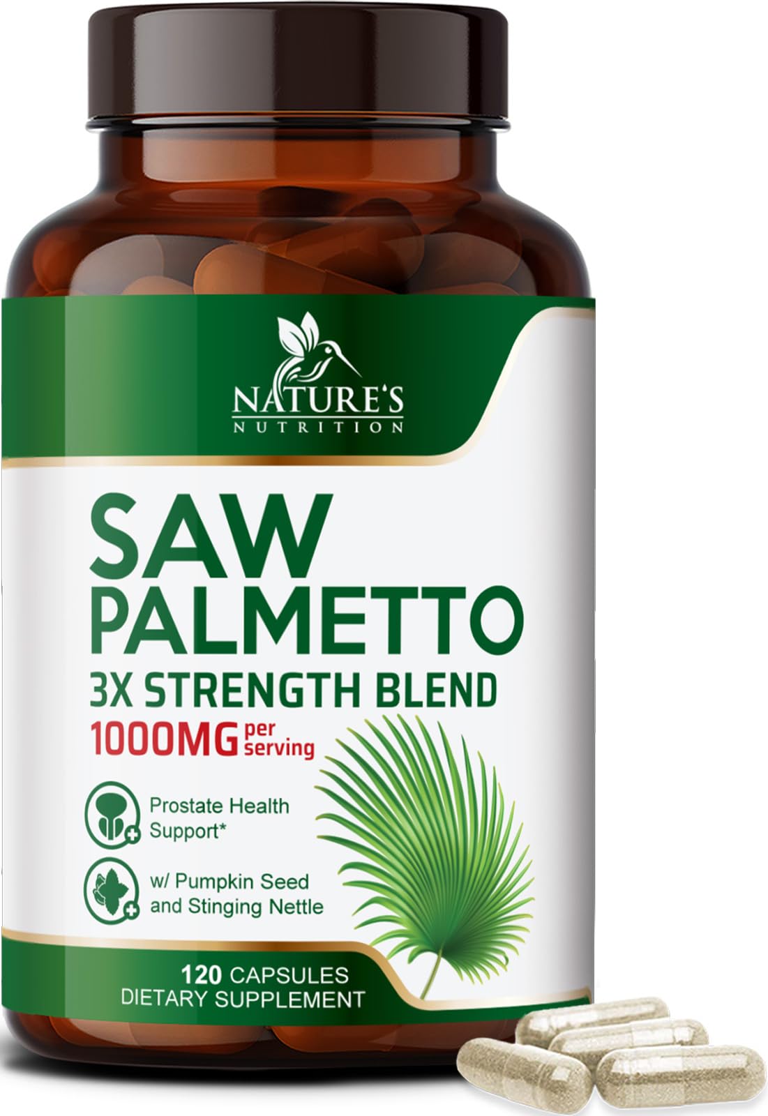 Nature's Nutrition Saw Palmetto 1000mg bottle shown for prostate health support.