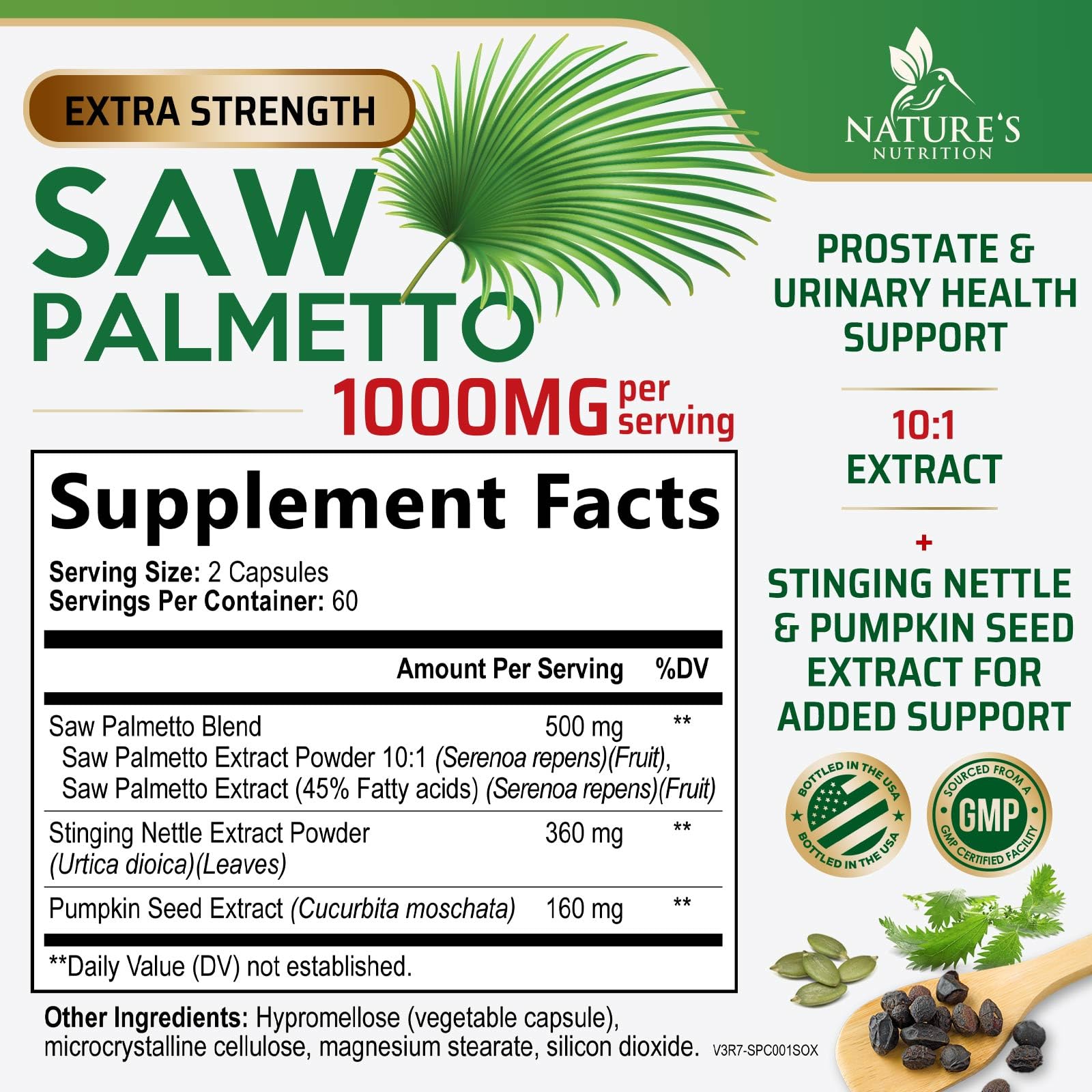 Saw Palmetto capsules close-up highlighting 1000 mg potency.