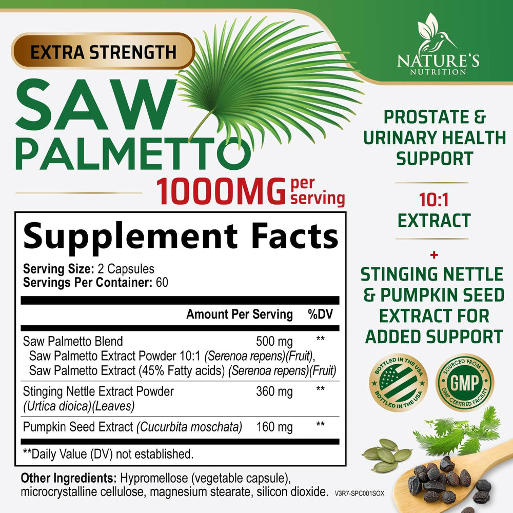 Saw Palmetto capsules close-up highlighting 1000 mg potency.