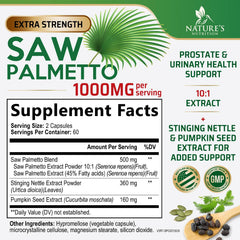Saw Palmetto capsules close-up highlighting 1000 mg potency.