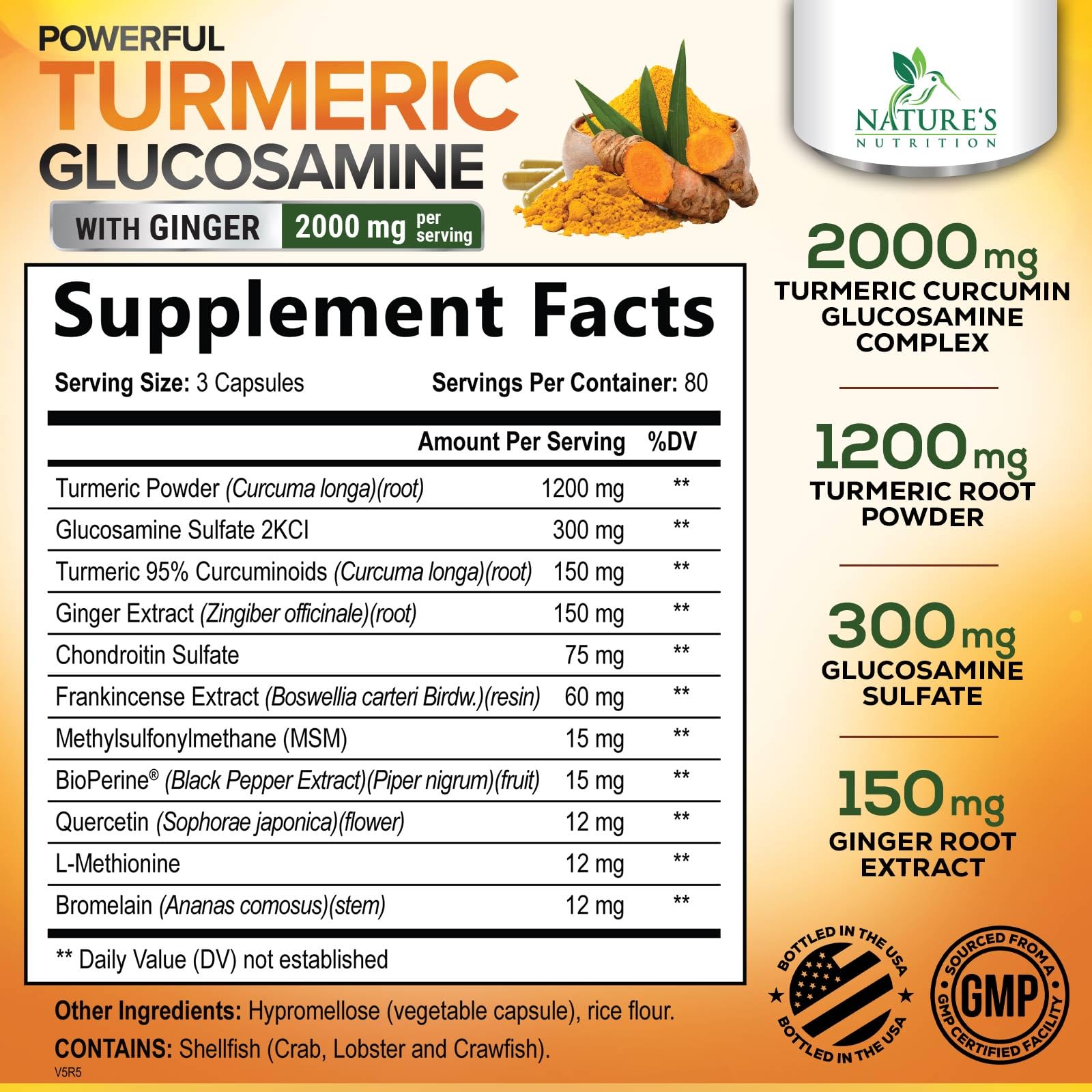 Nature's Nutrition T3 Turmeric Curcumin capsules pour emphasizes easy daily dosing.