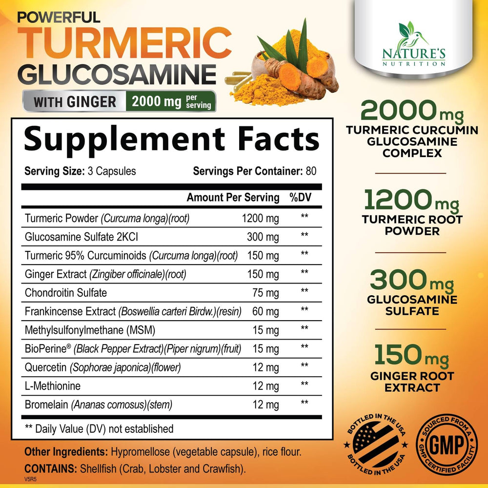 Nature's Nutrition T3 Turmeric Curcumin capsules pour emphasizes easy daily dosing.