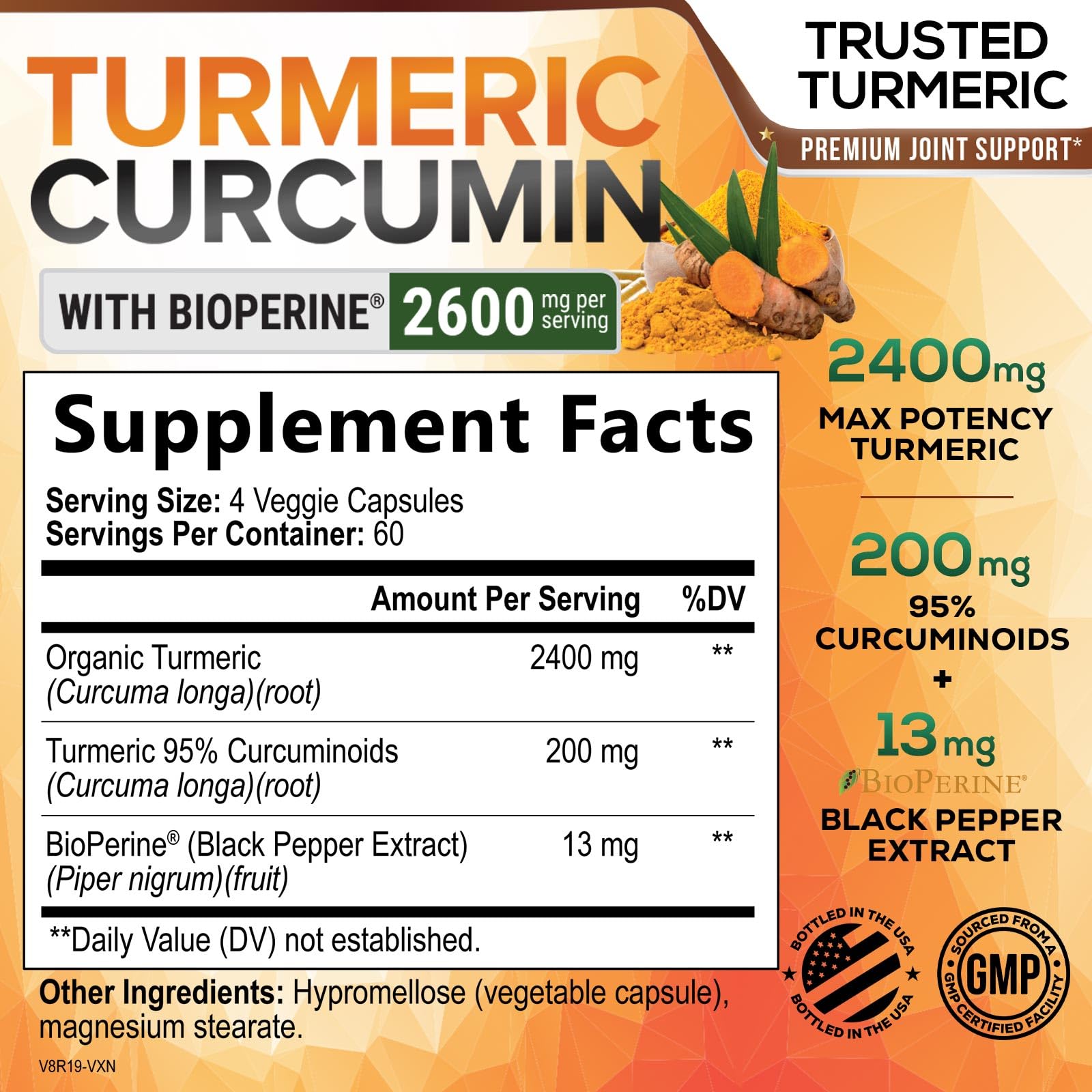 Nature's Nutrition turmeric capsules closeup emphasizing vegan, non-GMO formula