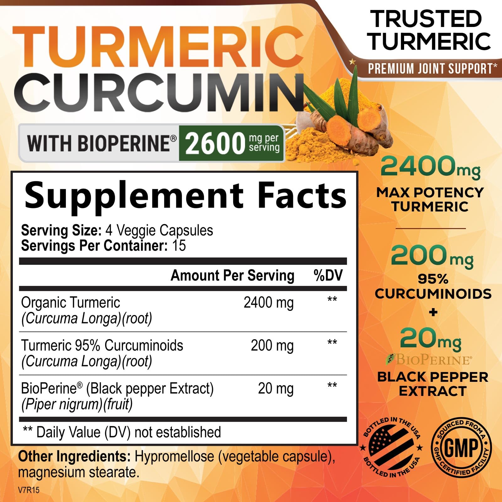 Nature's Nutrition Turmeric Curcumin bottle back label with ingredients and potency.