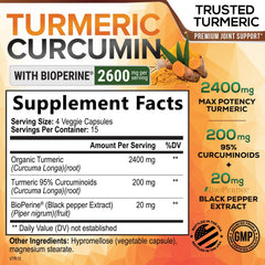 Nature's Nutrition Turmeric Curcumin bottle back label with ingredients and potency.
