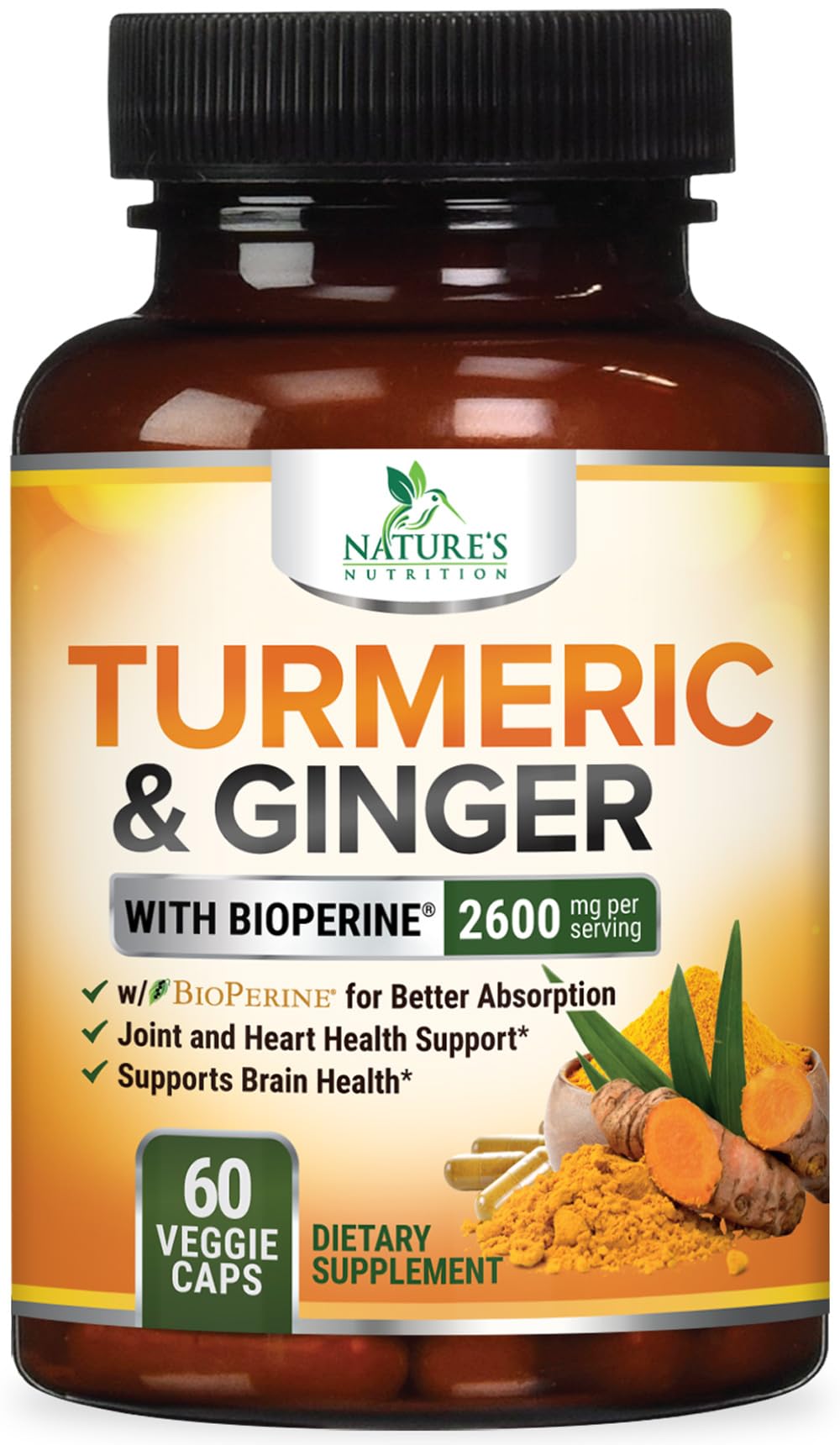 Nature's Nutrition Turmeric Curcumin bottle close-up highlighting high-potency formula.