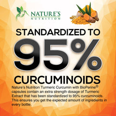 Nature's Nutrition Turmeric Curcumin capsules closeup showing golden capsules.