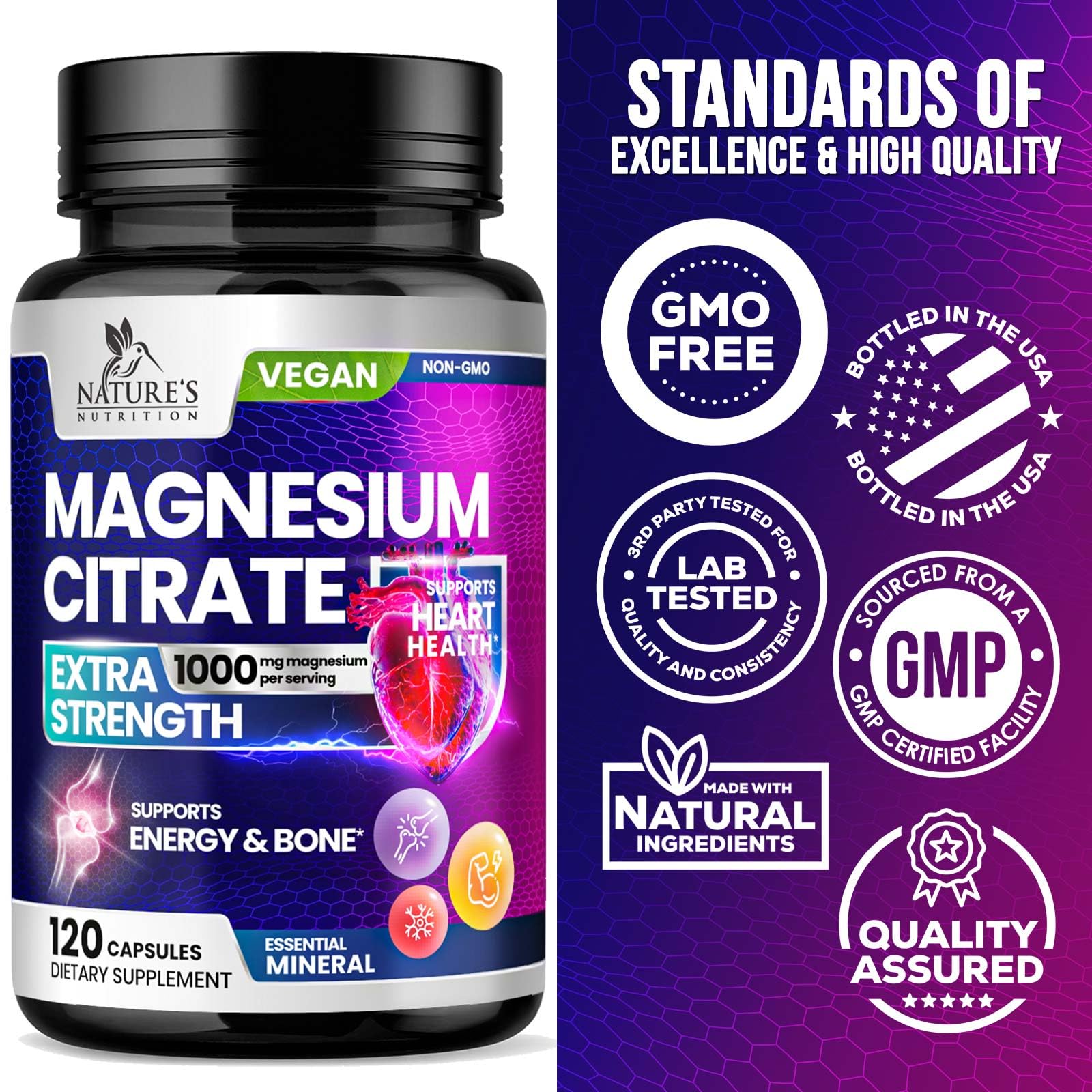 Nature's Nutrition vegan non-GMO icons indicate clean ingredients for peace of mind.